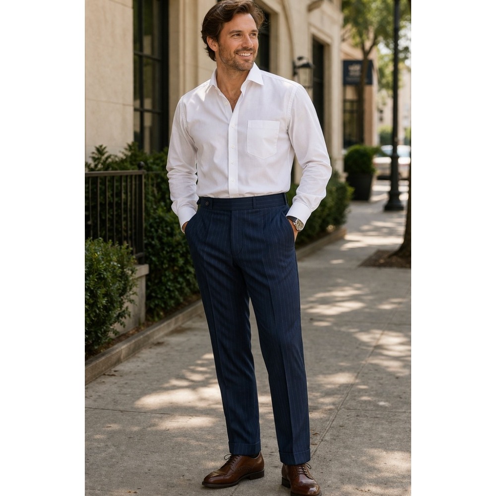 Vittello‎ Mens Super 140s 40x34 Wool Pinstripe Dress Pants Navy Blue 40L Cuffed